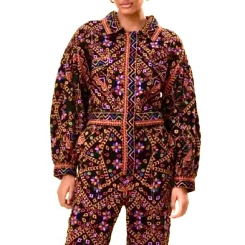 NEW RARE FARM Rio Embroidered Long Sleeve Jumpsuit Corduroy Floral Black $495 XL - Picture 3 of 16